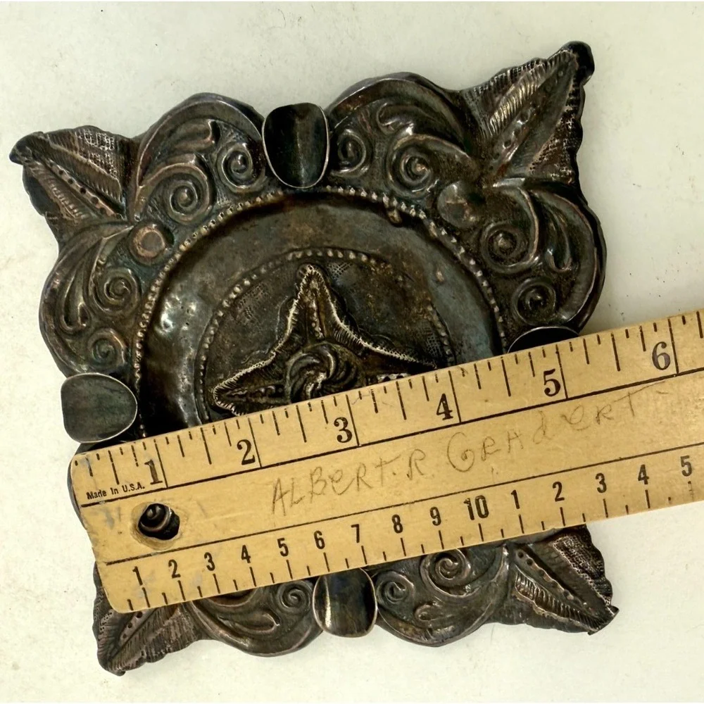 Vintage Handcrafted Metal Ashtray Ornate Embossed Floral Square‎ Rustic 5.25
